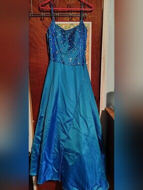 Blue Beaded Spaghetti Strap Evening Gown